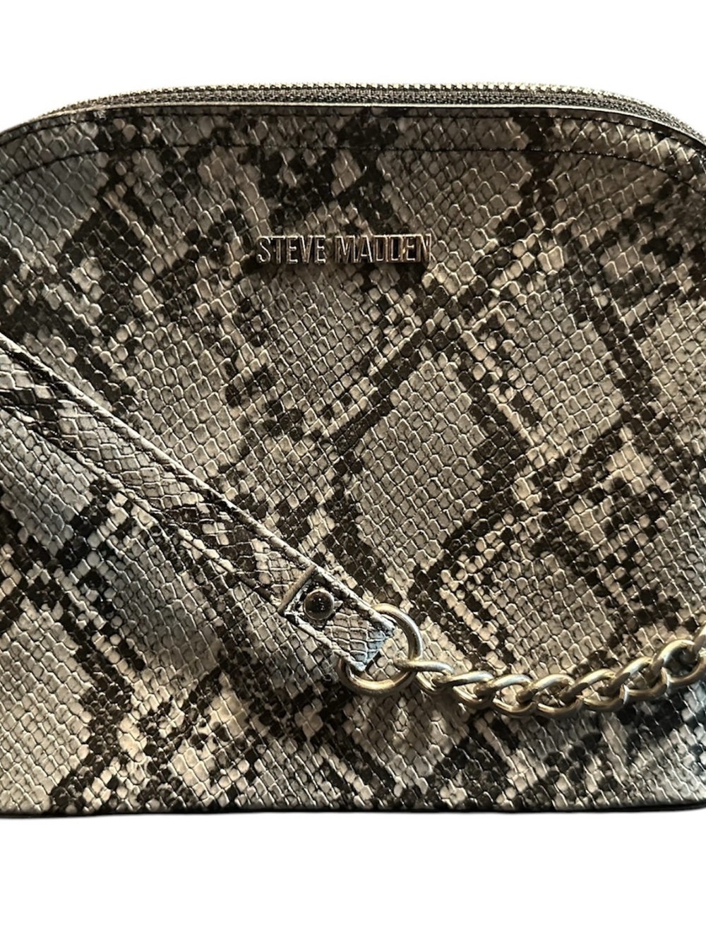 Steve Madden Metallic Snake-Print Crossbody in Silver and Black